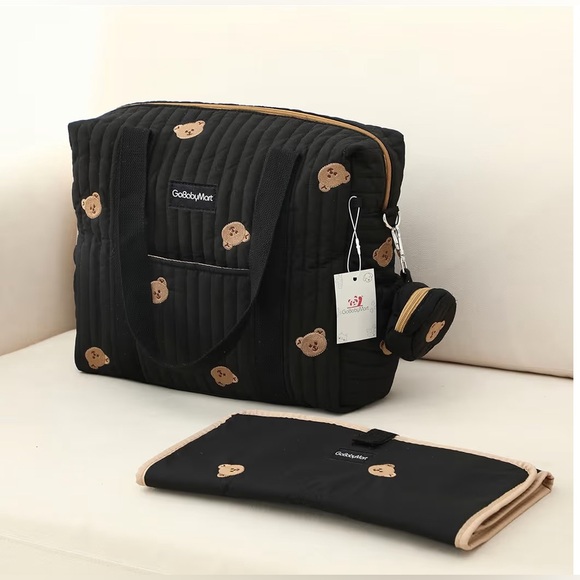 Black Quilted Tote Bag with Bear Accents - Picture 2 of 4